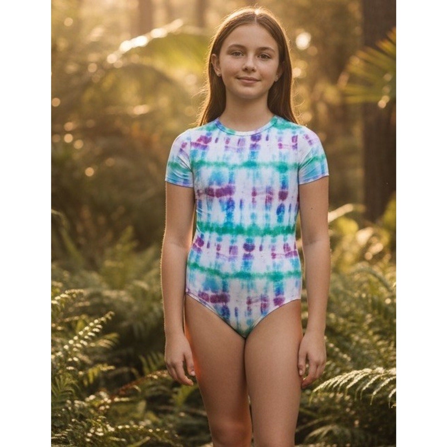 DSG Girls Large Short Sleeve One Piece Swimsuit Tide Dye Multi UV Protection NWT - SoleAna