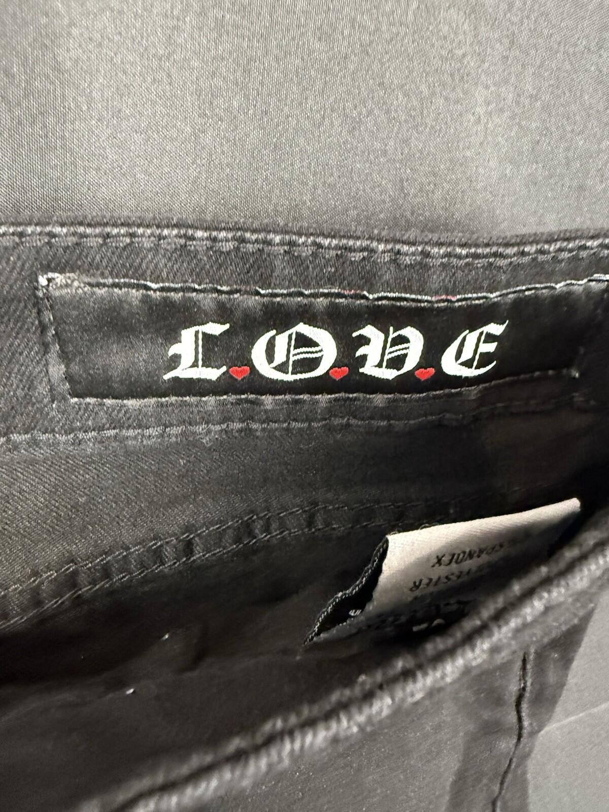 L.O.V.E. Apparel Jeans Mens SIZE 32 Black Hearts Distressed Skinny - SoleAna