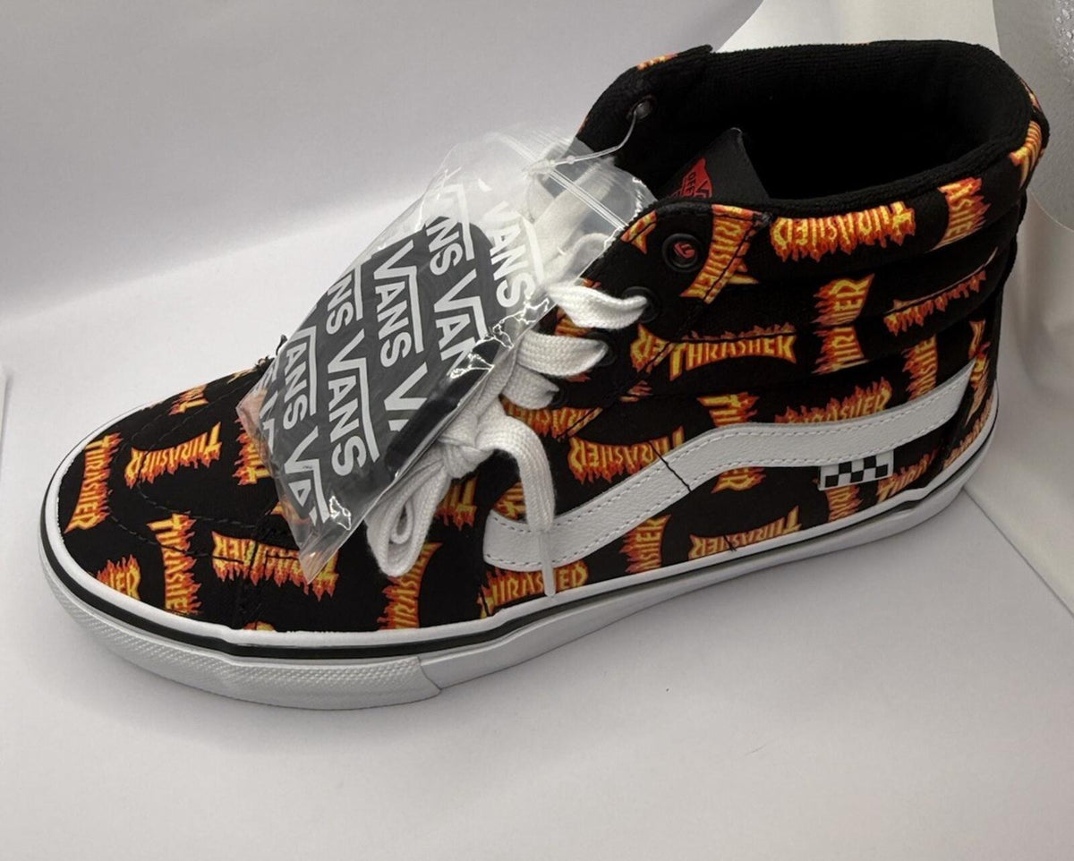 Size 9 M - Thrasher x Vans Skate Sk8- High Allover Thrasher Black With Flames - SoleAna