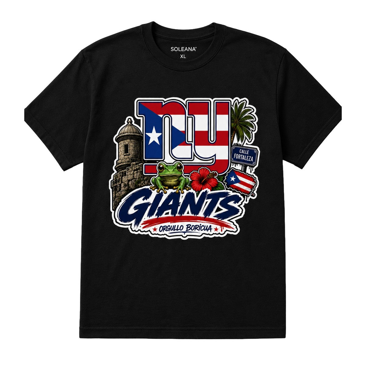 SoleAna black t-shirt with NY Giants Puerto Rico graphic featuring a coqui frog, hibiscus, palm tree, and Calle Fortaleza sign.