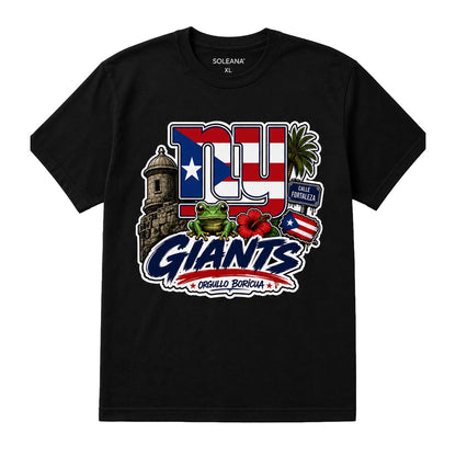 SoleAna black t-shirt with NY Giants Puerto Rico graphic featuring a coqui frog, hibiscus, palm tree, and Calle Fortaleza sign.