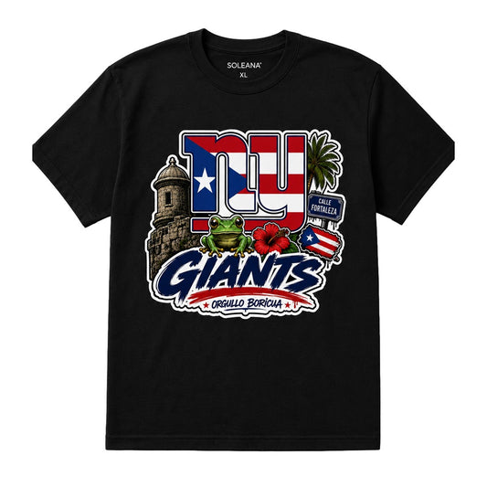 SoleAna black t-shirt with NY Giants Puerto Rico graphic featuring a coqui frog, hibiscus, palm tree, and Calle Fortaleza sign.